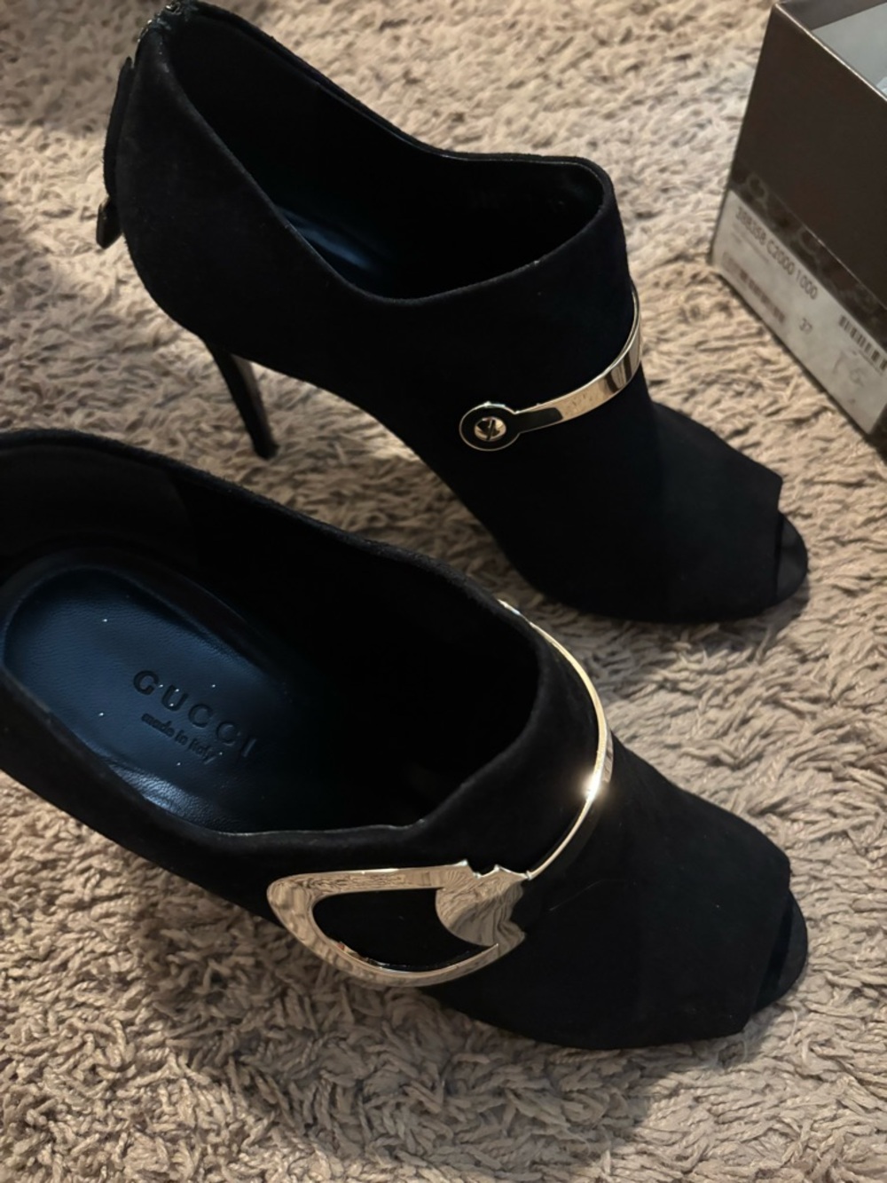 Women’s Black Suede Peep-Toe Heels with Gold Accent - Picture 4 of 8